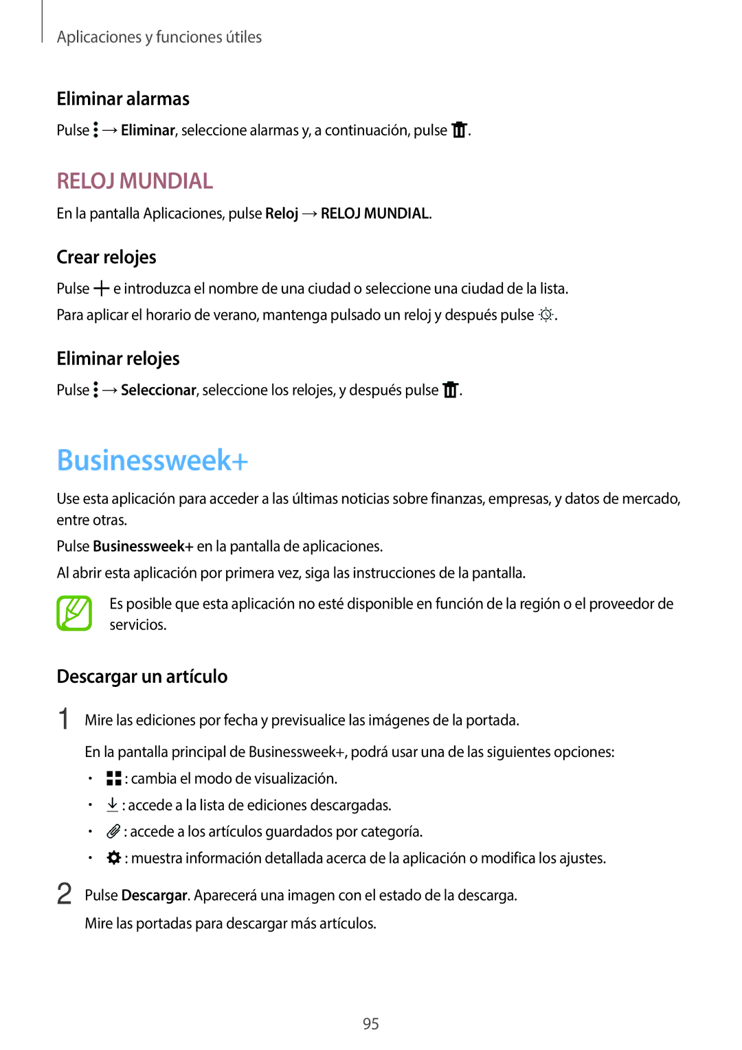 Samsung SM-T800NZWAPHE manual Businessweek+, Eliminar alarmas, Crear relojes, Eliminar relojes, Descargar un artículo 