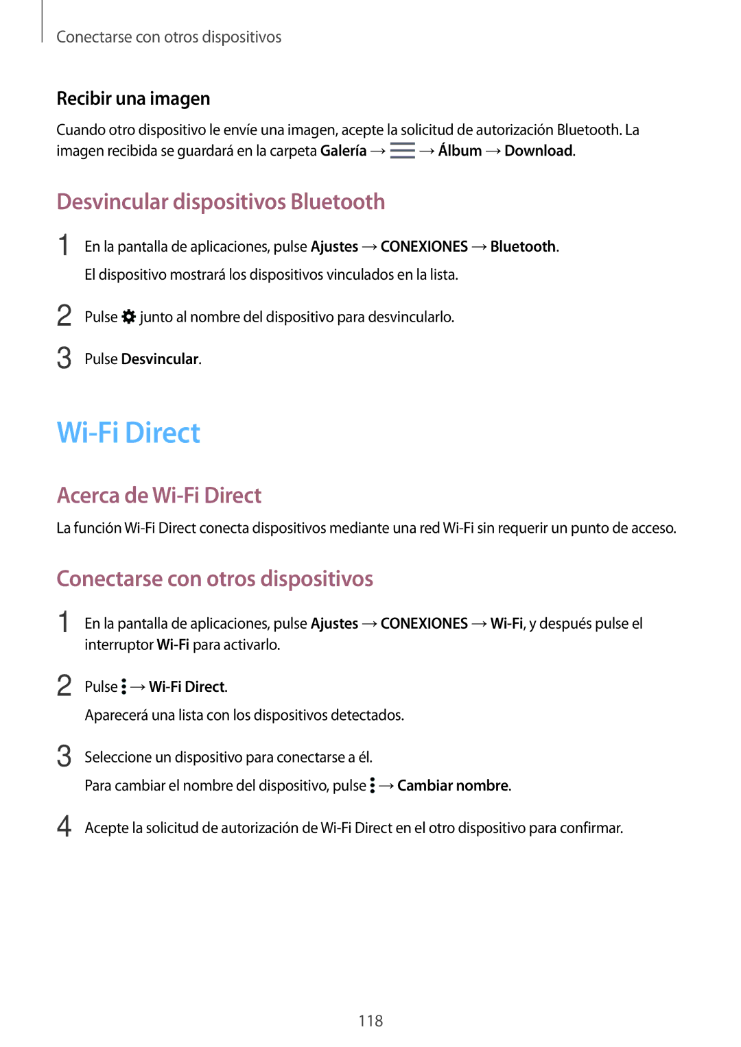 Samsung SM-T800NTSAPHE Desvincular dispositivos Bluetooth, Acerca de Wi-Fi Direct, Conectarse con otros dispositivos 