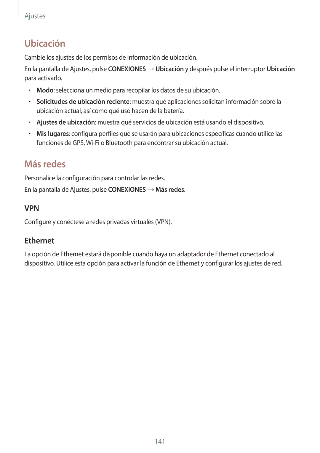 Samsung SM-T800NZWAXEO manual Ubicación, Más redes, Ethernet, Configure y conéctese a redes privadas virtuales VPN 