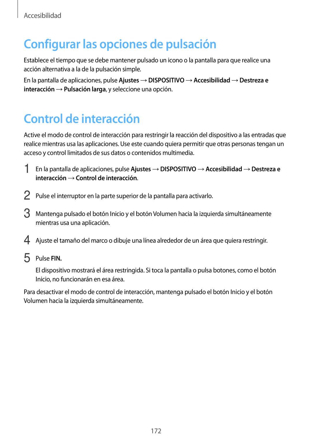 Samsung SM-T800NTSAPHE, SM-T800NHAAATO, SM-T800NTSATPH manual Configurar las opciones de pulsación, Control de interacción 