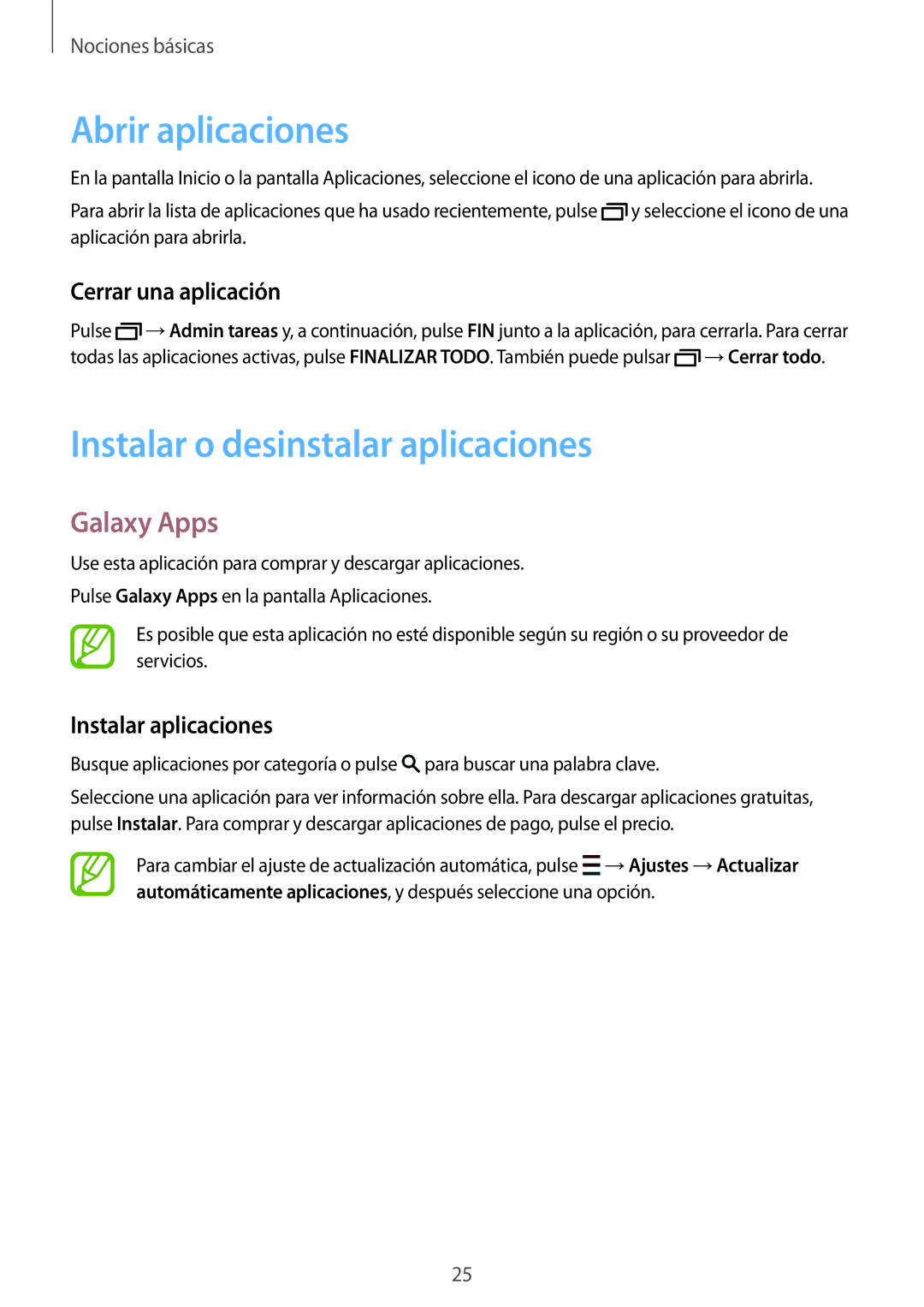 Samsung SM-T800NTSATPH manual Abrir aplicaciones, Instalar o desinstalar aplicaciones, Galaxy Apps, Cerrar una aplicación 