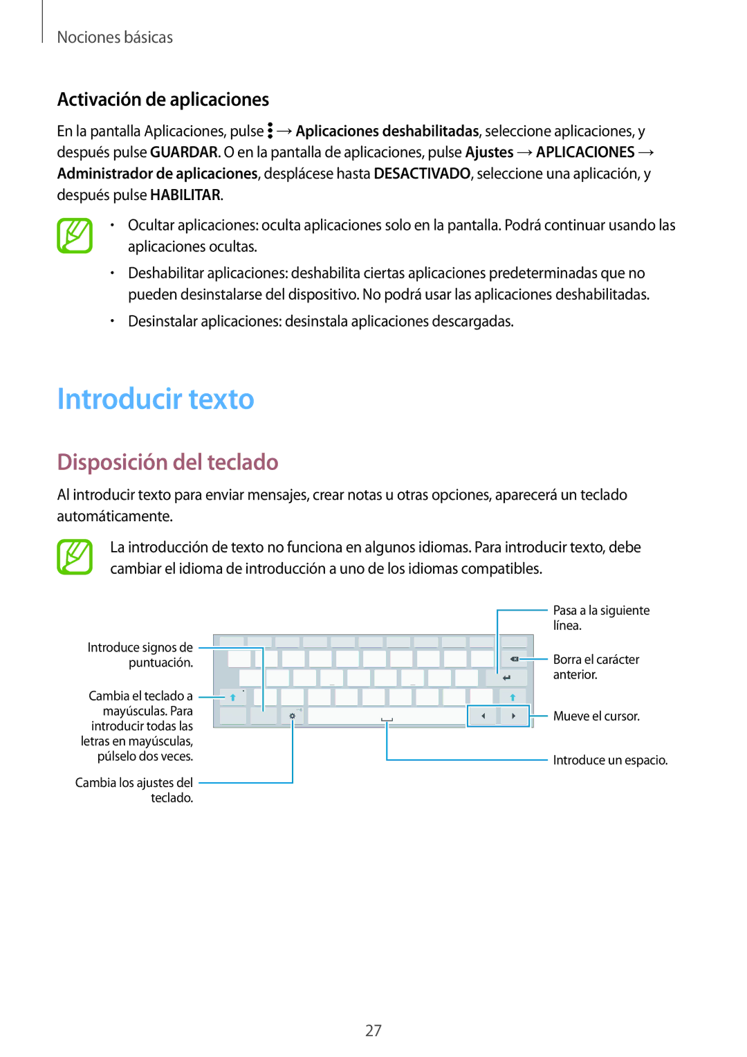 Samsung SM-T800NZWAXEO, SM-T800NHAAATO manual Introducir texto, Disposición del teclado, Activación de aplicaciones 