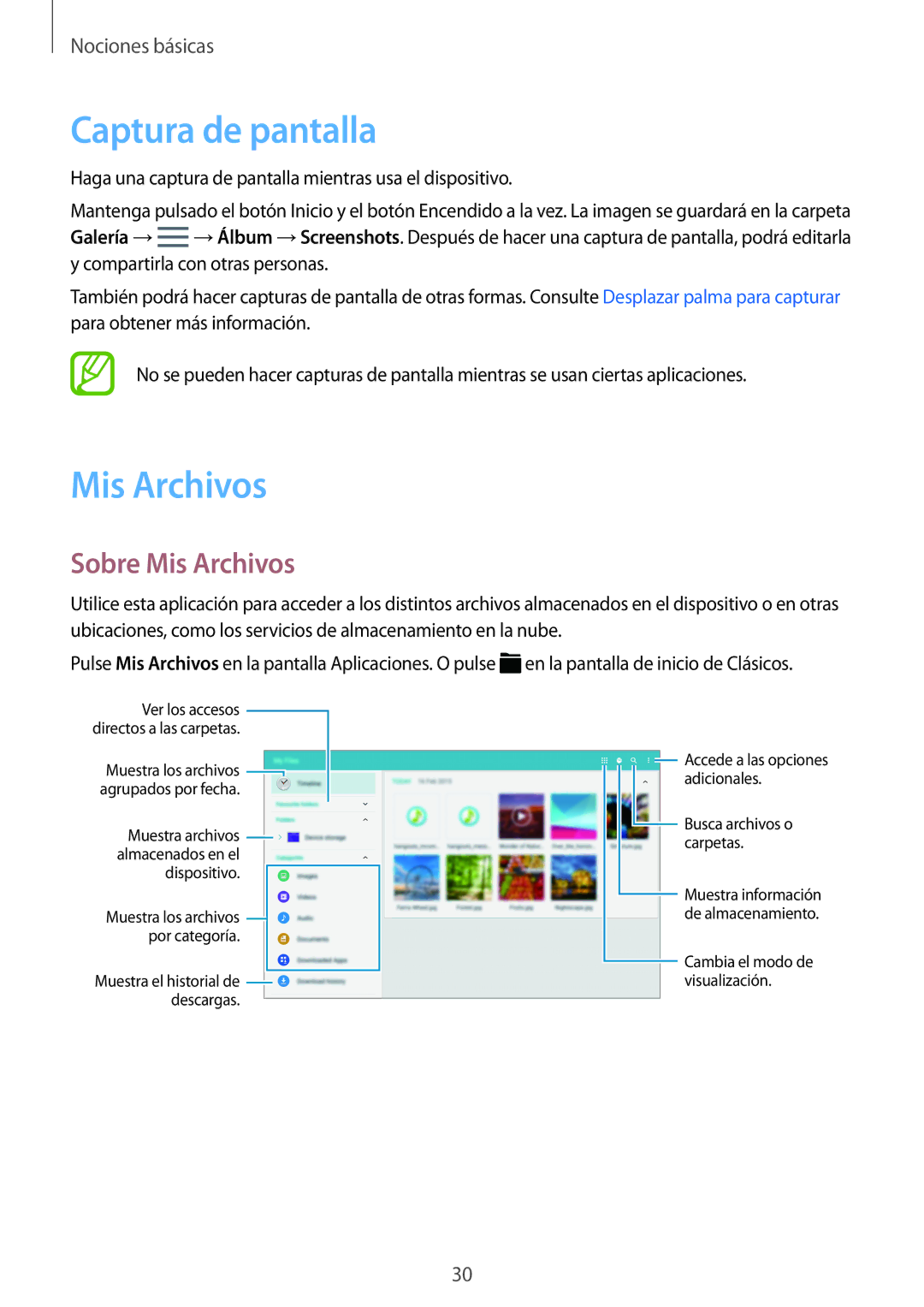 Samsung SM-T800NHAAATO, SM-T800NTSATPH, SM-T800NZWATPH, SM-T800NZWAXEO manual Captura de pantalla, Sobre Mis Archivos 
