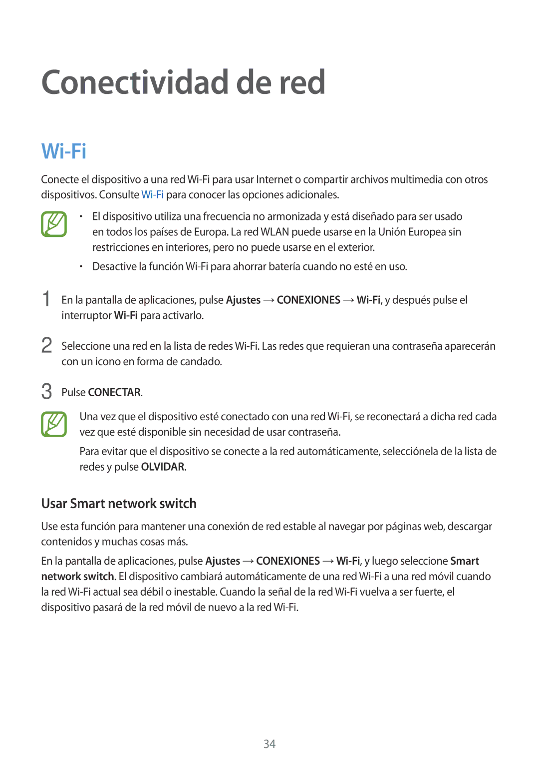 Samsung SM-T800NTSAPHE, SM-T800NHAAATO manual Conectividad de red, Wi-Fi, Usar Smart network switch, Pulse Conectar 