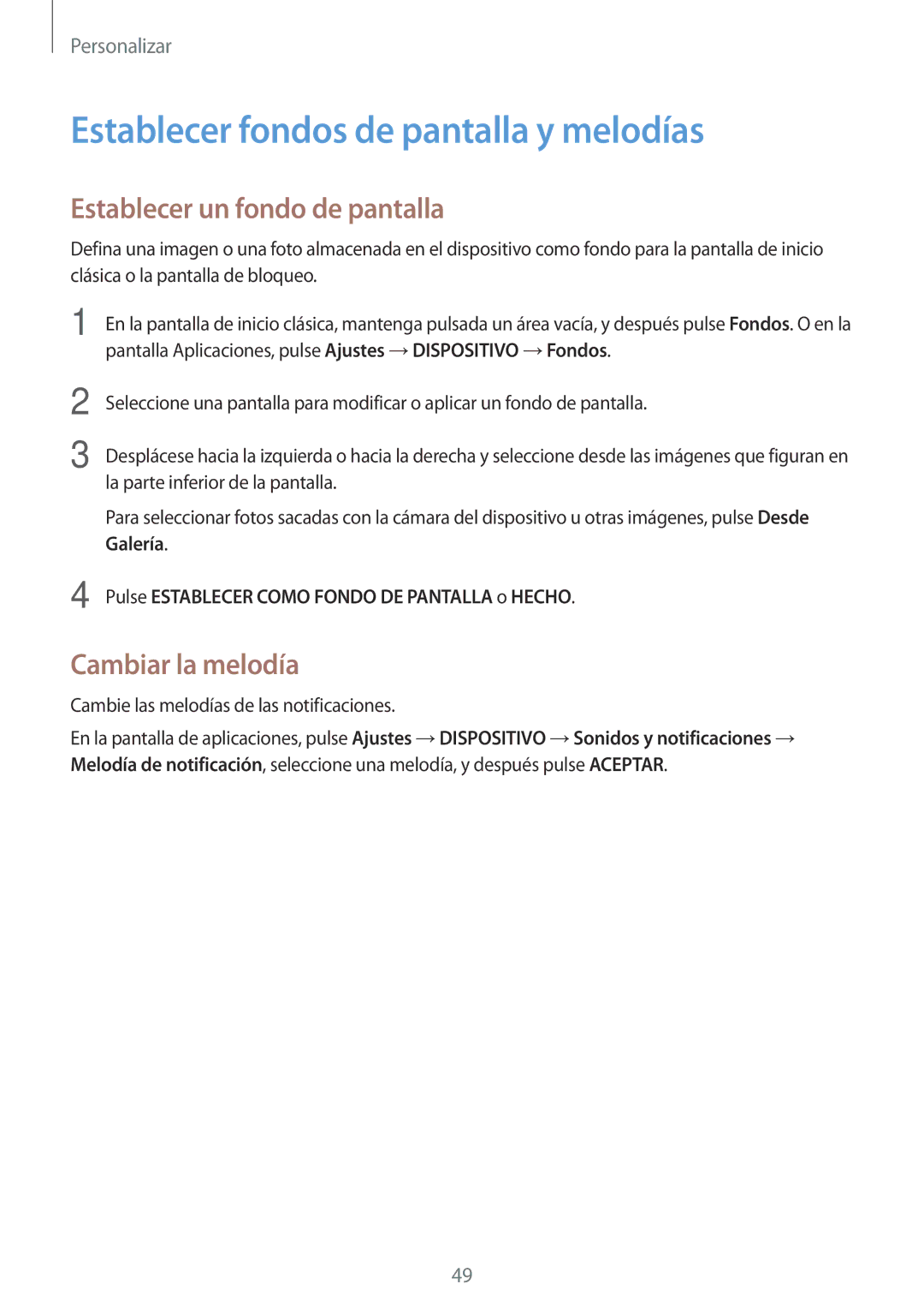 Samsung SM-T800NTSATPH manual Establecer fondos de pantalla y melodías, Establecer un fondo de pantalla, Cambiar la melodía 