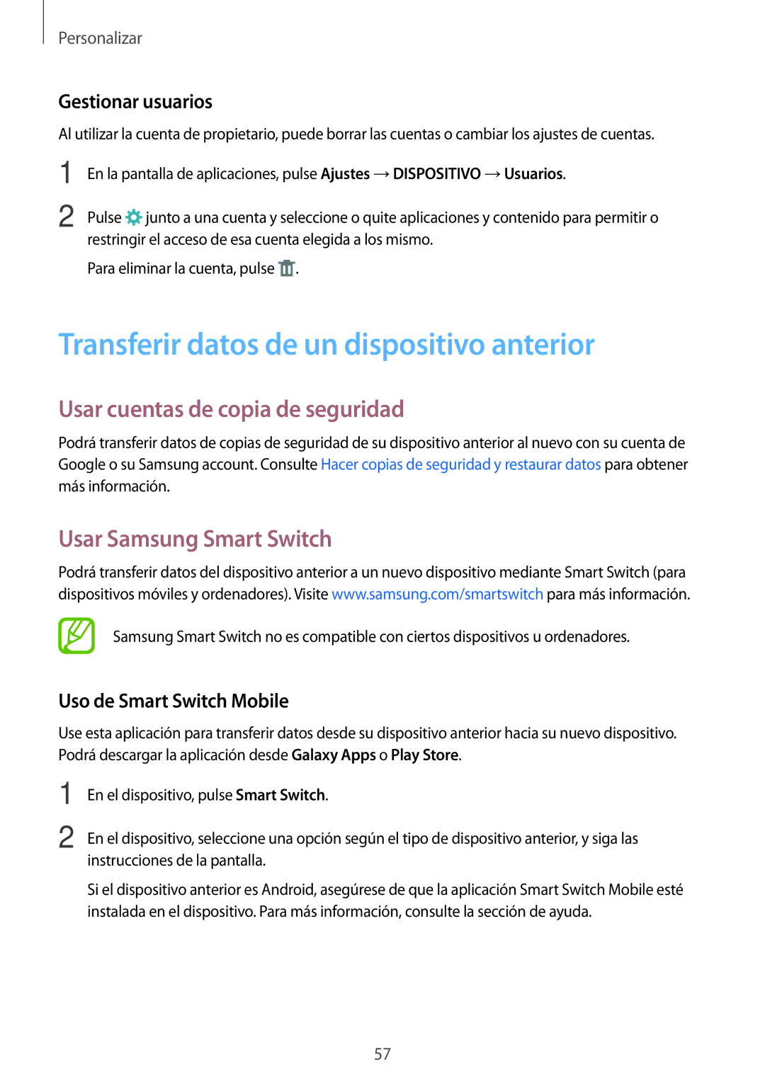 Samsung SM-T800NZWAXEO Transferir datos de un dispositivo anterior, Usar cuentas de copia de seguridad, Gestionar usuarios 