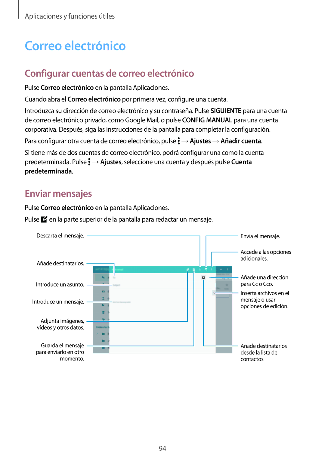Samsung SM-T800NTSAPHE, SM-T800NHAAATO manual Correo electrónico, Configurar cuentas de correo electrónico, Enviar mensajes 