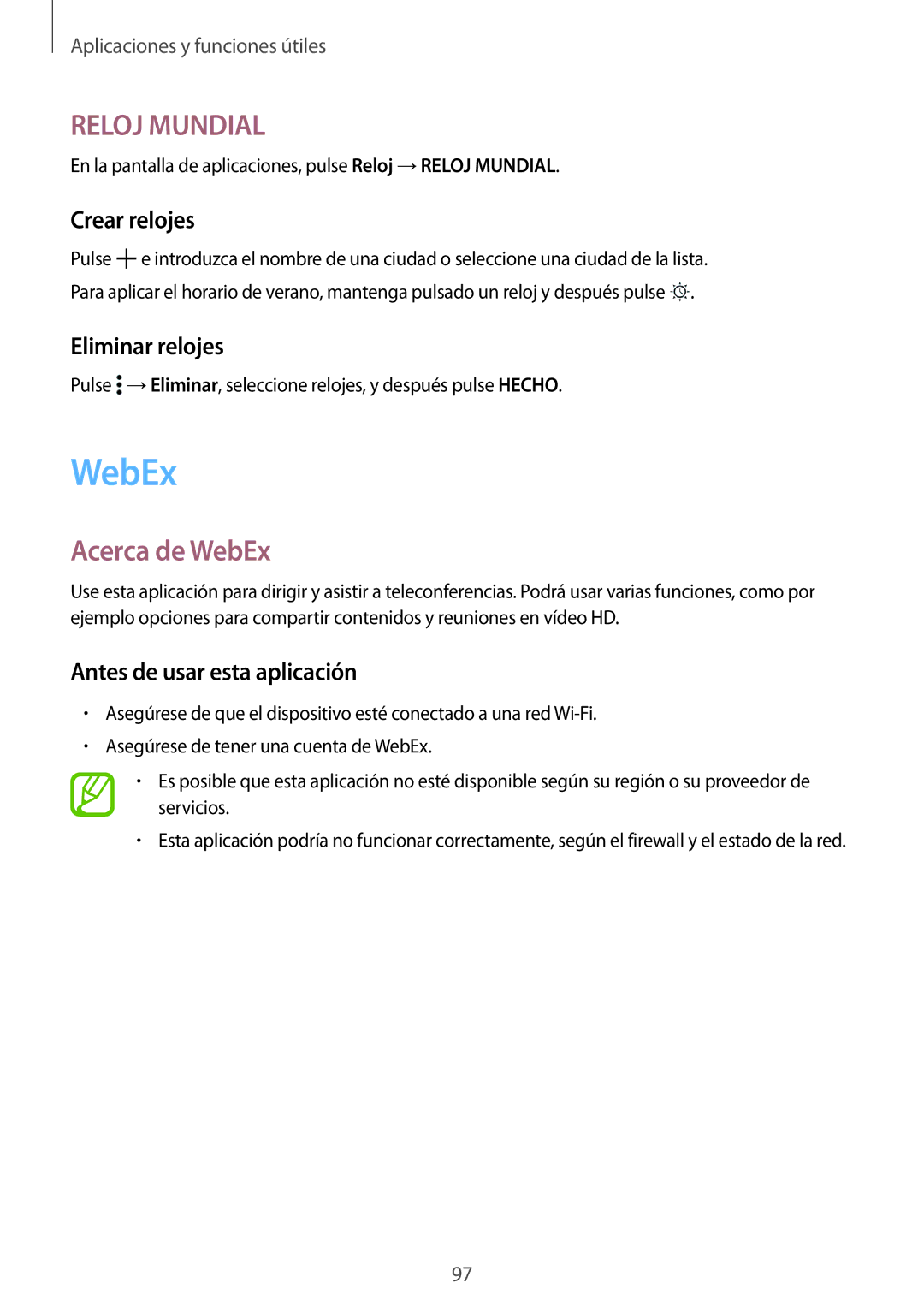 Samsung SM-T800NTSATPH, SM-T800NHAAATO Acerca de WebEx, Crear relojes, Eliminar relojes, Antes de usar esta aplicación 