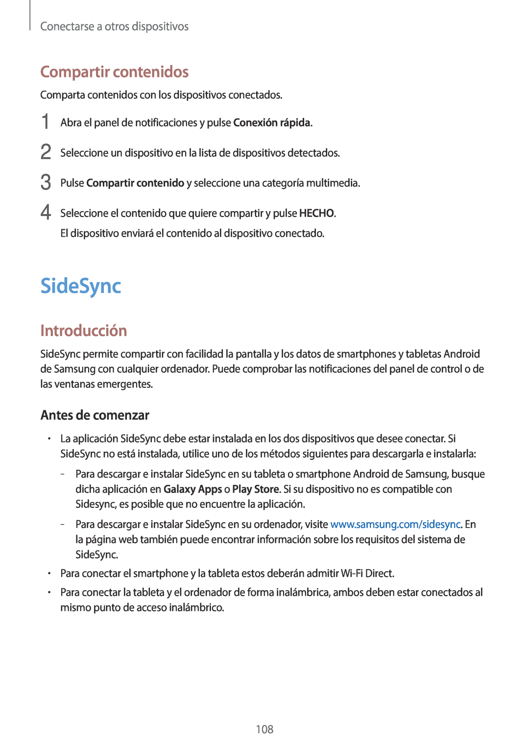 Samsung SM-T800NHAAATO SideSync, Compartir contenidos, Introducción, Antes de comenzar, Conectarse a otros dispositivos 