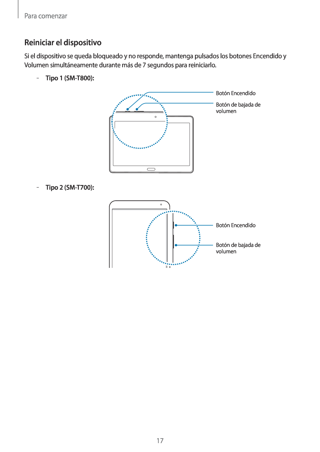 Samsung SM-T800NZWAPHE, SM-T800NHAAATO manual Reiniciar el dispositivo, Para comenzar, Tipo 1 SM-T800, Tipo 2 SM-T700 