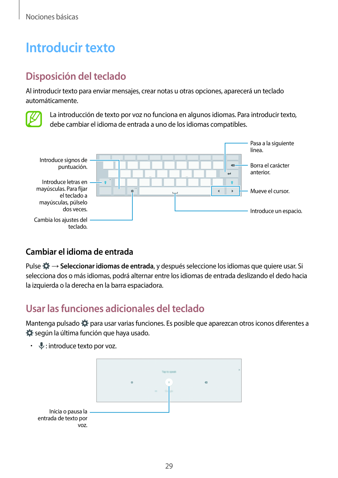 Samsung SM-T800NZWAPHE manual Introducir texto, Disposición del teclado, Usar las funciones adicionales del teclado 