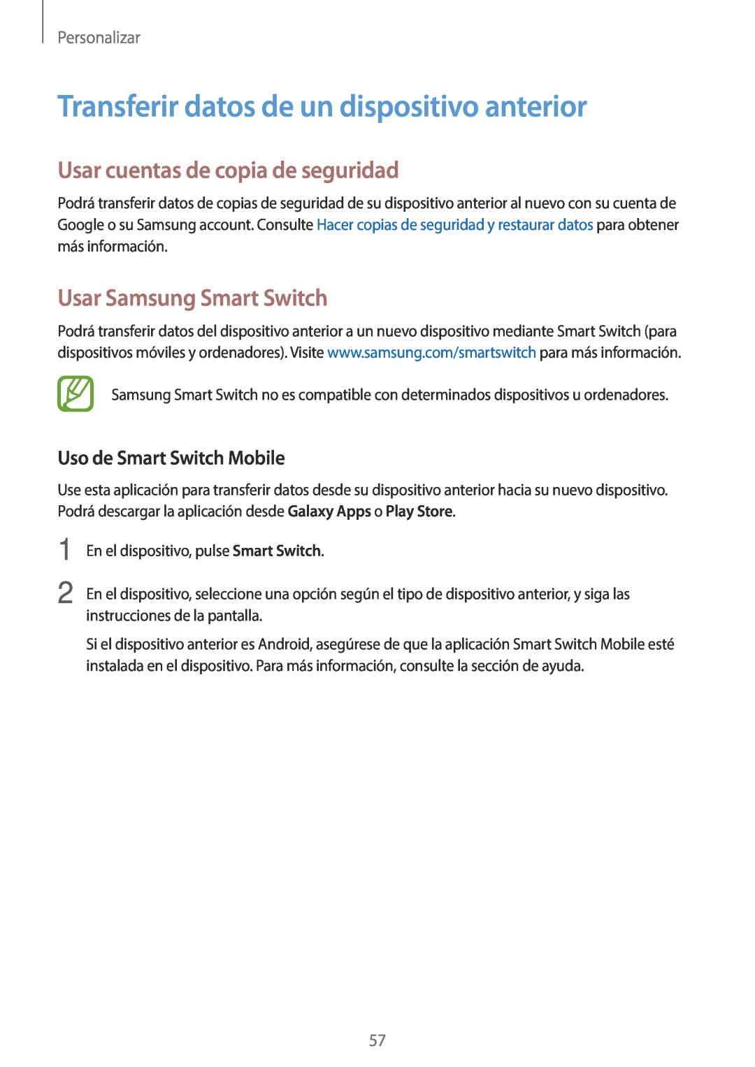 Samsung SM-T800NZWAXEO manual Transferir datos de un dispositivo anterior, Usar cuentas de copia de seguridad, Personalizar 