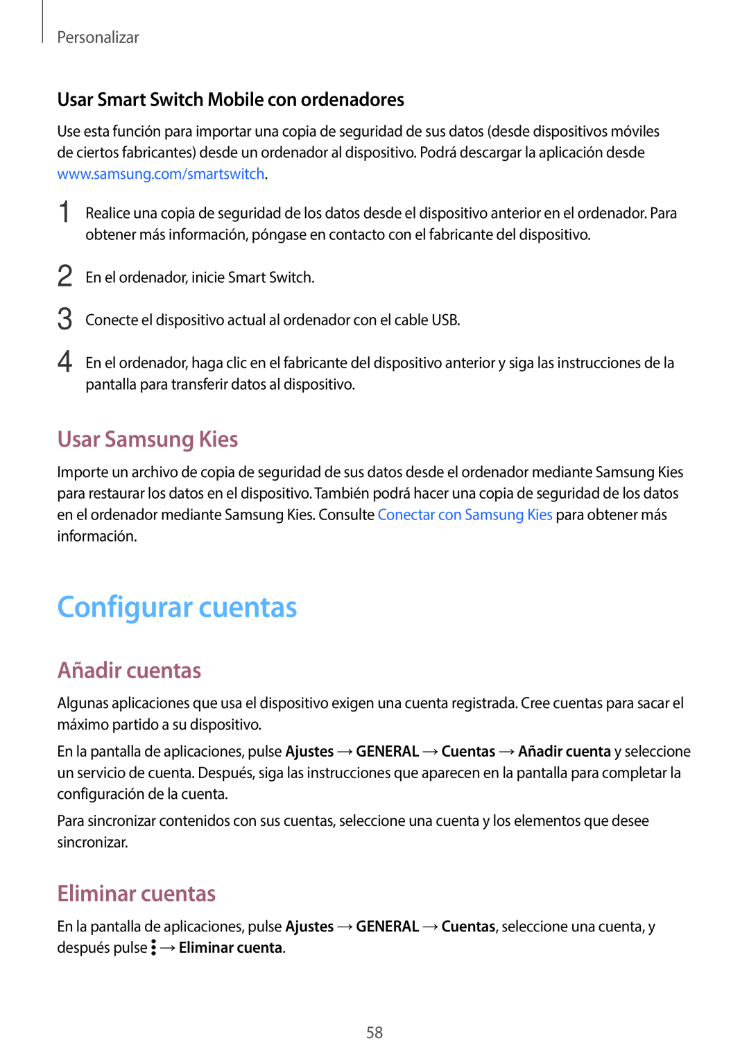 Samsung SM-T800NTSAPHE manual Configurar cuentas, Usar Samsung Kies, Añadir cuentas, Eliminar cuentas, Personalizar 