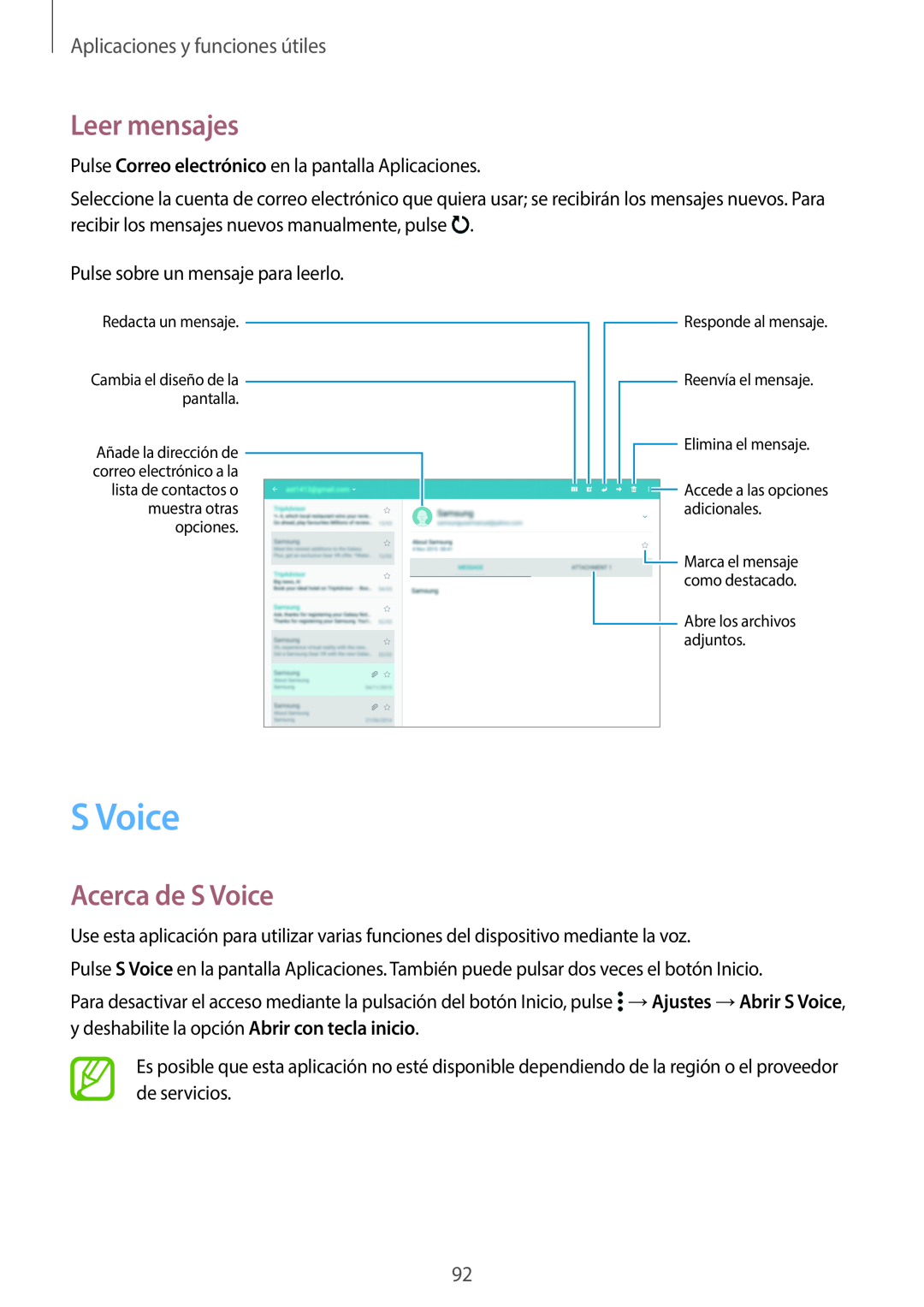 Samsung SM-T800NZWATPH, SM-T800NHAAATO manual Leer mensajes, Acerca de S Voice, Aplicaciones y funciones útiles 