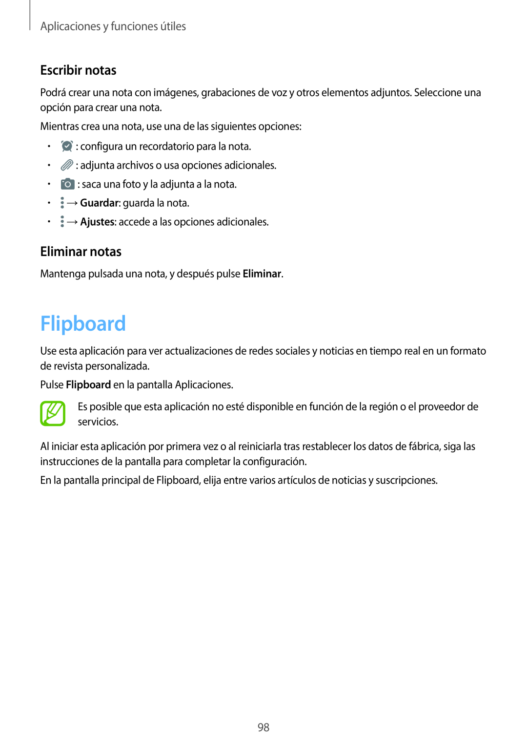Samsung SM-T800NZWATPH, SM-T800NHAAATO manual Flipboard, Escribir notas, Eliminar notas, Aplicaciones y funciones útiles 
