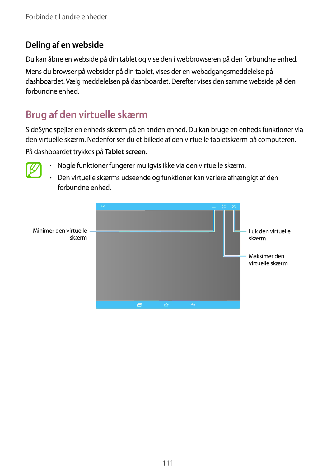 Samsung SM-T800NLSANEE, SM-T800NHAANEE, SM-T700NTSANEE, SM-T700NZWANEE Brug af den virtuelle skærm, Deling af en webside 