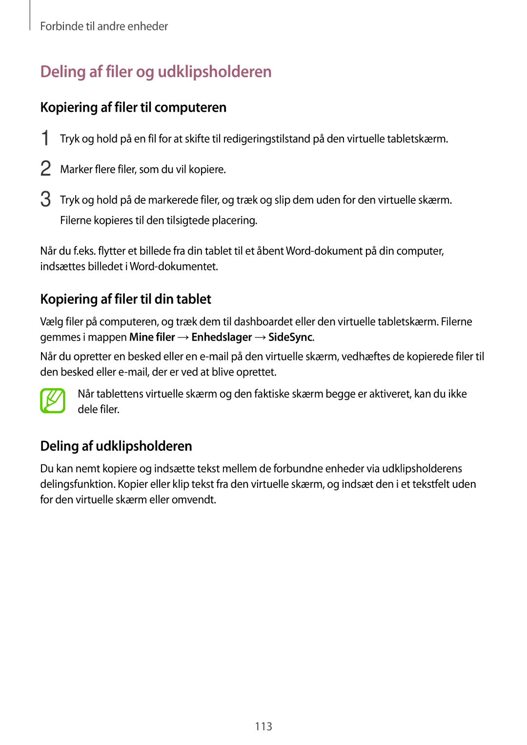 Samsung SM-T800NZWANEE Deling af filer og udklipsholderen, Kopiering af filer til computeren, Deling af udklipsholderen 