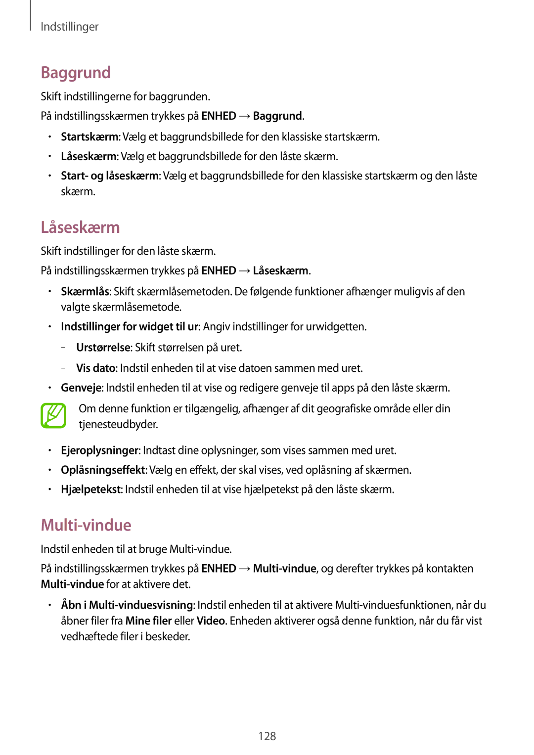 Samsung SM-T700NZWANEE, SM-T800NHAANEE, SM-T700NTSANEE, SM-T800NLSANEE, SM-T700NLSANEE manual Baggrund, Låseskærm, Multi-vindue 