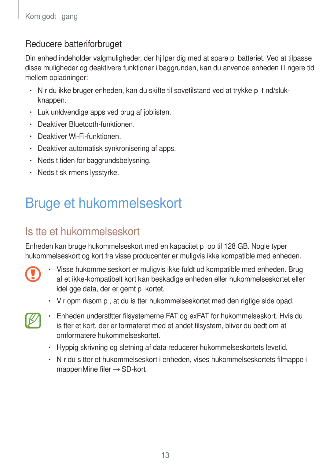 Samsung SM-T700NLSANEE, SM-T800NHAANEE manual Bruge et hukommelseskort, Isætte et hukommelseskort, Reducere batteriforbruget 