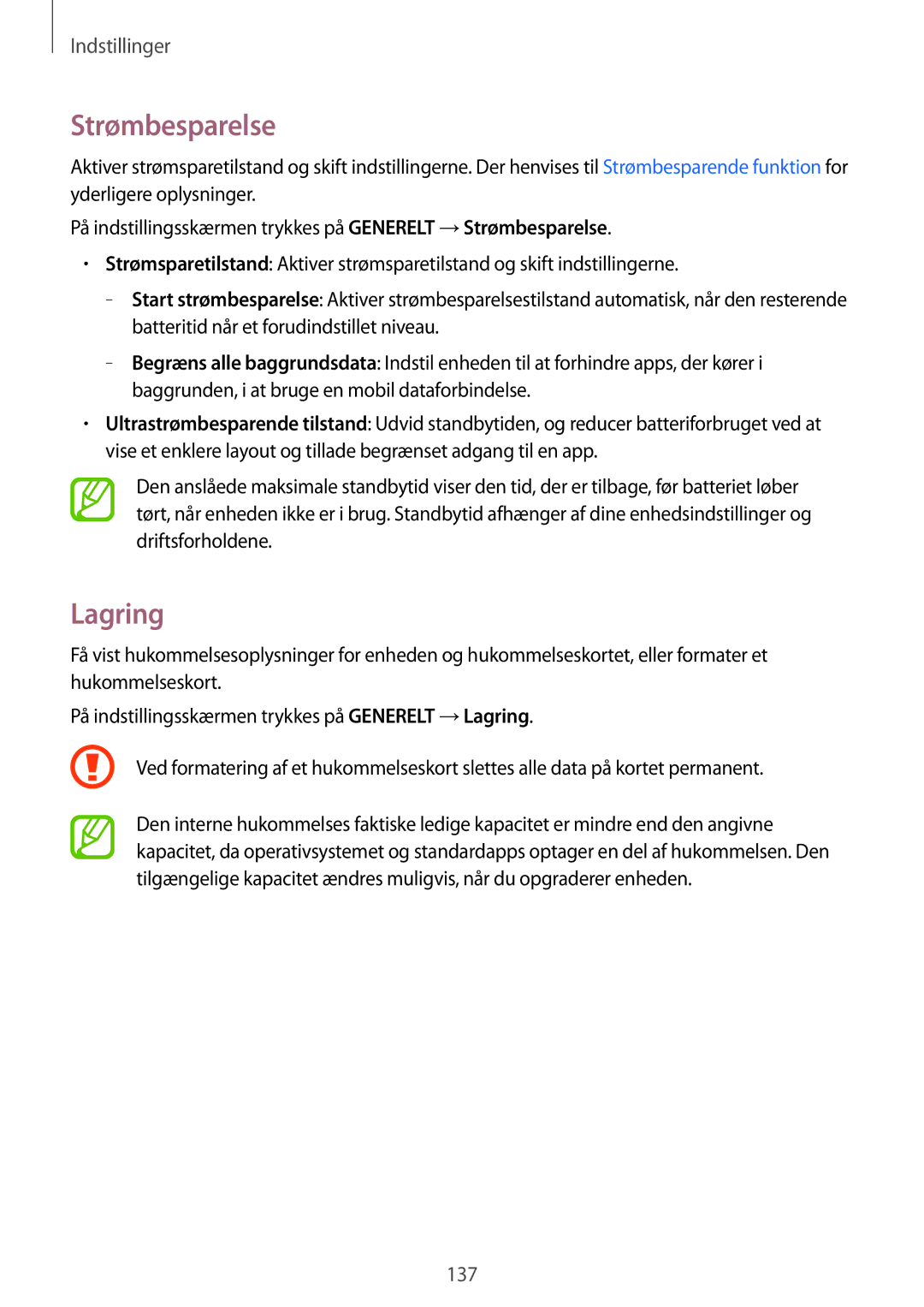 Samsung SM-T700NZWANEE, SM-T800NHAANEE, SM-T700NTSANEE, SM-T800NLSANEE, SM-T700NLSANEE manual Strømbesparelse, Lagring 