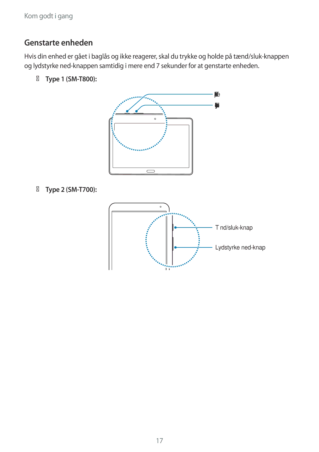 Samsung SM-T800NTSANEE, SM-T800NHAANEE, SM-T700NTSANEE, SM-T700NZWANEE, SM-T800NLSANEE manual Genstarte enheden, Type 1 SM-T800 