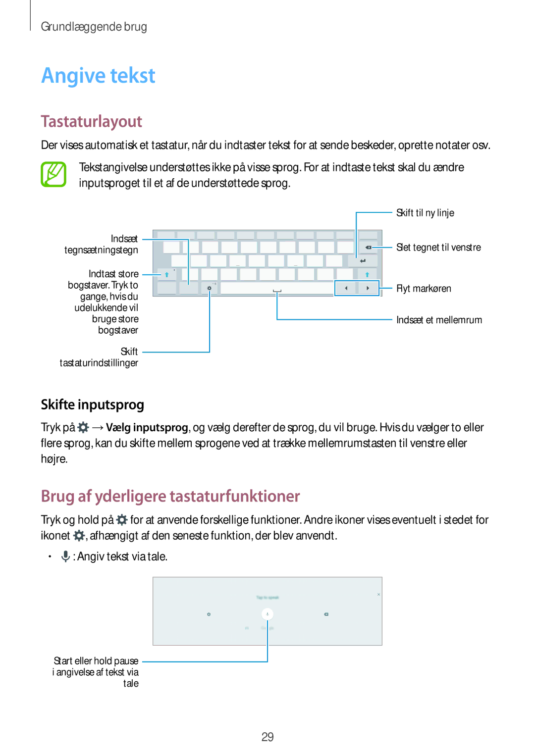 Samsung SM-T700NZWANEE manual Angive tekst, Tastaturlayout, Brug af yderligere tastaturfunktioner, Skifte inputsprog 