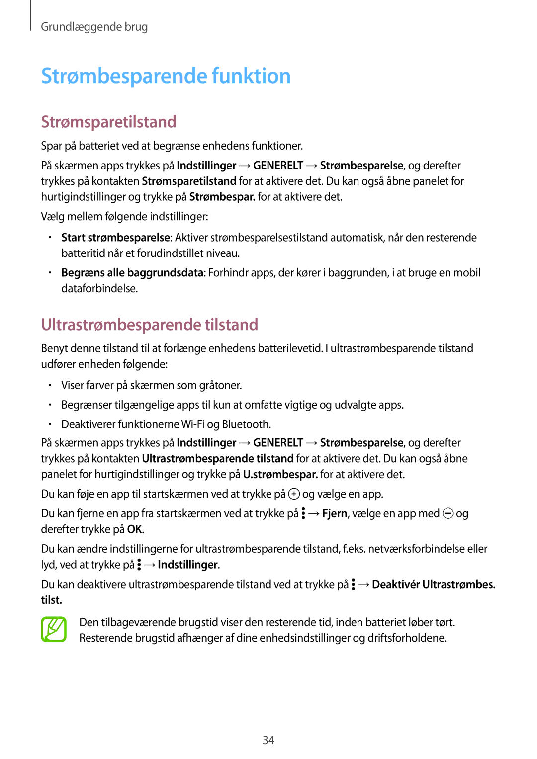 Samsung SM-T700NHAANEE, SM-T800NHAANEE Strømbesparende funktion, Strømsparetilstand, Ultrastrømbesparende tilstand, Tilst 