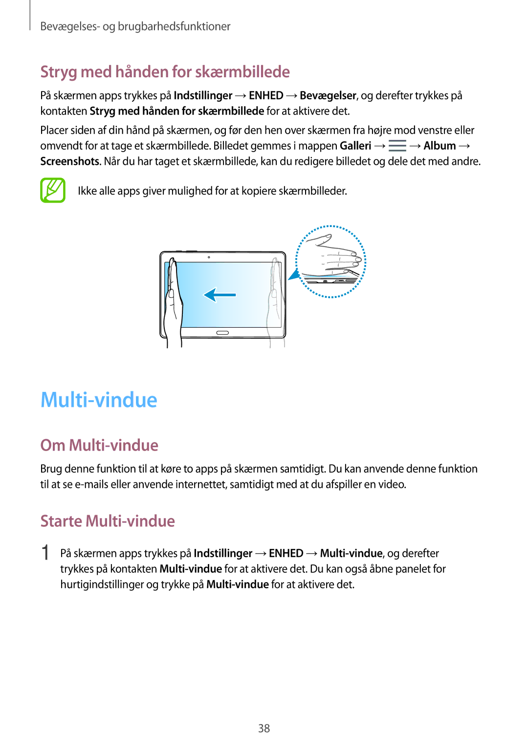 Samsung SM-T700NZWANEE, SM-T800NHAANEE manual Stryg med hånden for skærmbillede, Om Multi-vindue, Starte Multi-vindue 