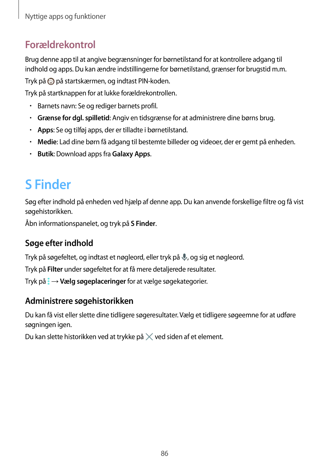 Samsung SM-T800NZWANEE, SM-T800NHAANEE manual Finder, Forældrekontrol, Søge efter indhold, Administrere søgehistorikken 