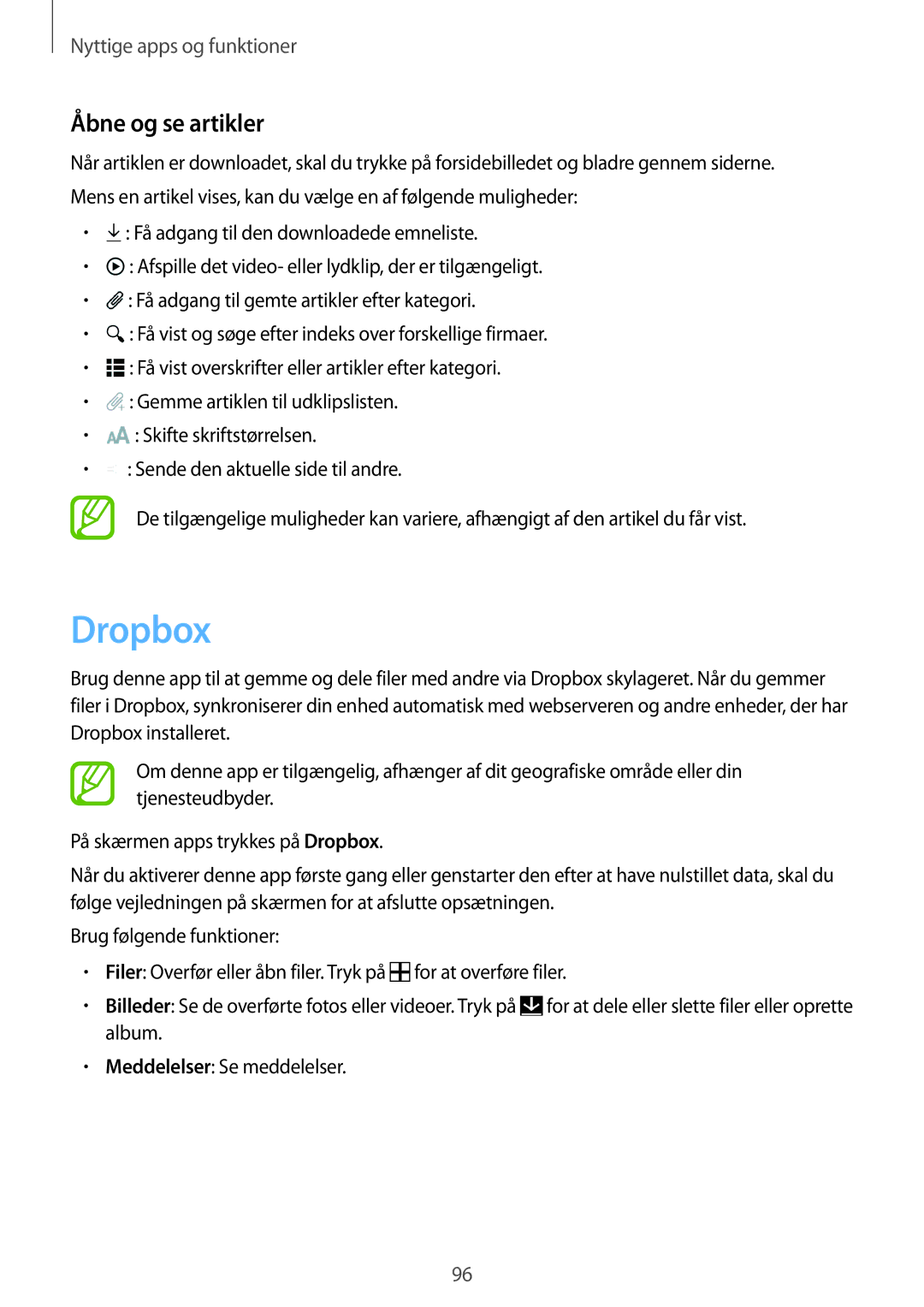 Samsung SM-T800NTSENEE, SM-T800NHAANEE, SM-T700NTSANEE, SM-T700NZWANEE, SM-T800NLSANEE manual Dropbox, Åbne og se artikler 