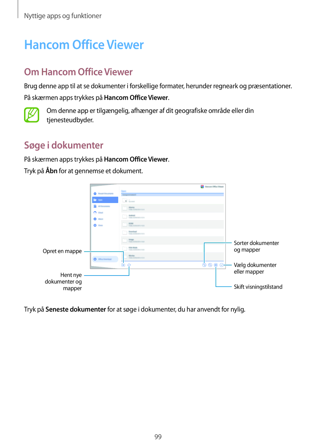 Samsung SM-T800NHAANEE, SM-T700NTSANEE, SM-T700NZWANEE, SM-T800NLSANEE manual Om Hancom Office Viewer, Søge i dokumenter 