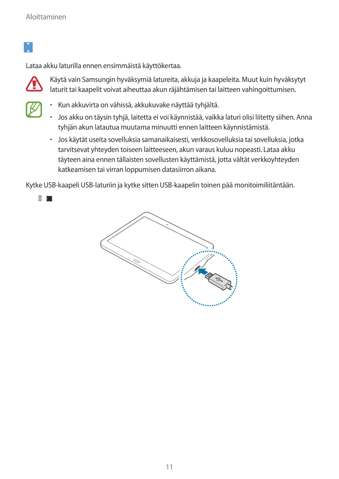 Samsung SM-T700NZWANEE, SM-T800NHAANEE, SM-T700NTSANEE Akun lataaminen, Lataa akku laturilla ennen ensimmäistä käyttökertaa 