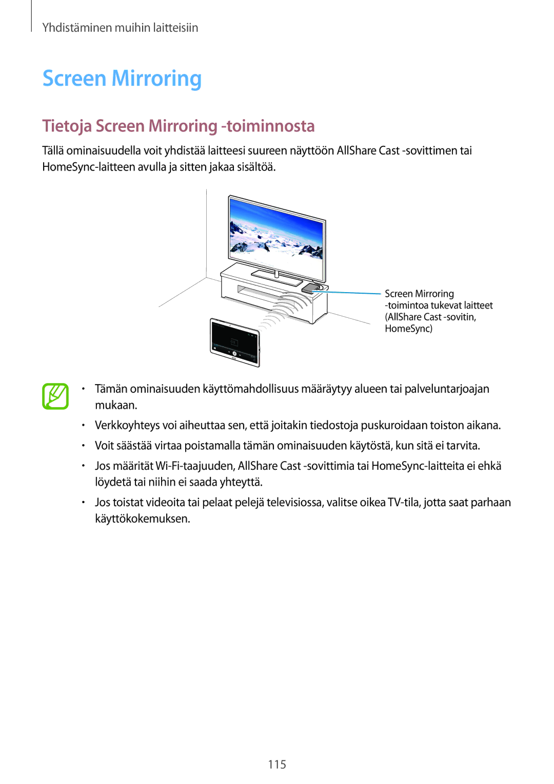 Samsung SM-T700NHAANEE, SM-T800NHAANEE, SM-T700NTSANEE, SM-T700NZWANEE manual Tietoja Screen Mirroring -toiminnosta 
