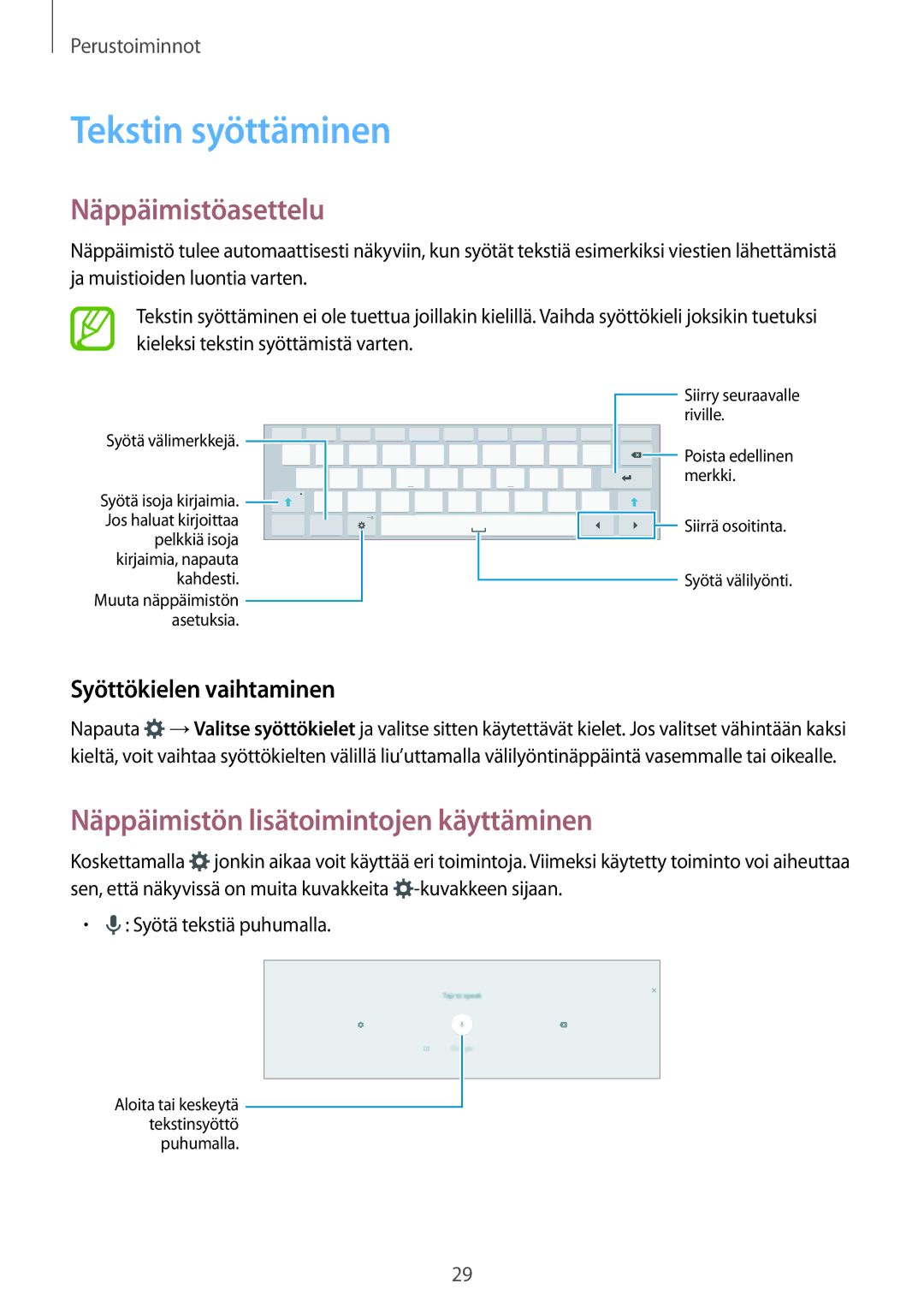 Samsung SM-T700NZWANEE, SM-T800NHAANEE Tekstin syöttäminen, Näppäimistöasettelu, Näppäimistön lisätoimintojen käyttäminen 