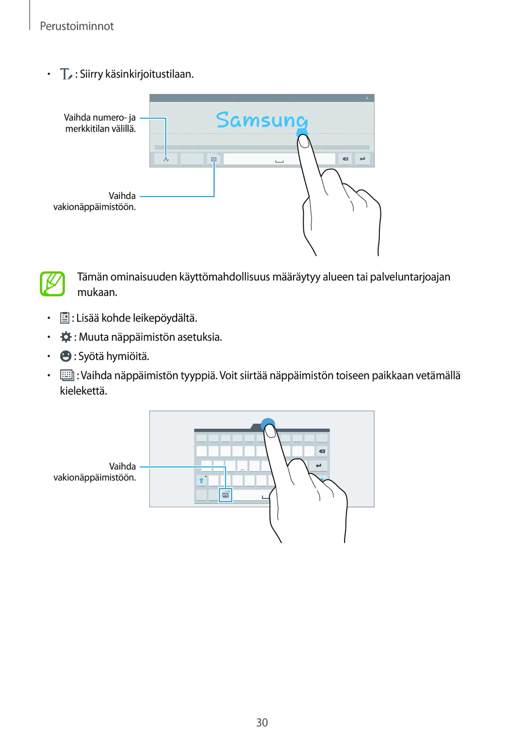 Samsung SM-T800NLSANEE, SM-T800NHAANEE, SM-T700NTSANEE, SM-T700NZWANEE, SM-T700NLSANEE manual Siirry käsinkirjoitustilaan 