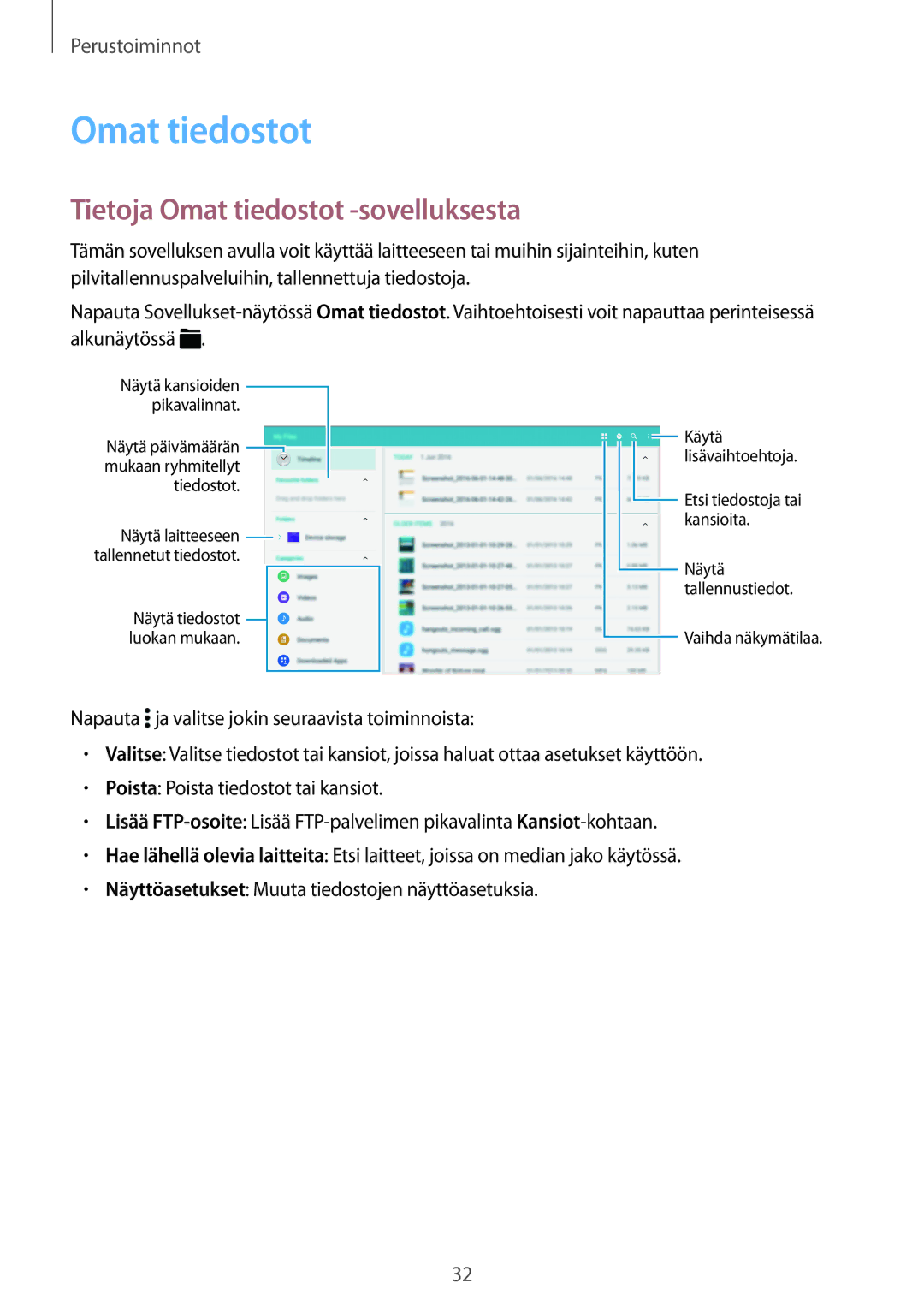 Samsung SM-T800NZWANEE, SM-T800NHAANEE, SM-T700NTSANEE, SM-T700NZWANEE manual Tietoja Omat tiedostot -sovelluksesta 