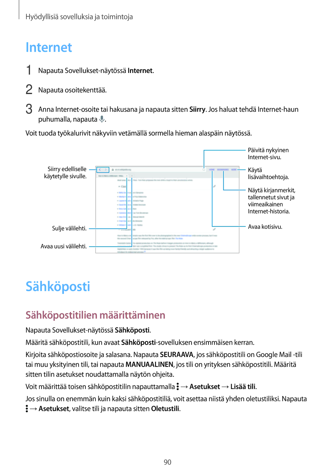 Samsung SM-T800NHAANEE, SM-T700NTSANEE, SM-T700NZWANEE, SM-T800NLSANEE manual Internet, Sähköpostitilien määrittäminen 