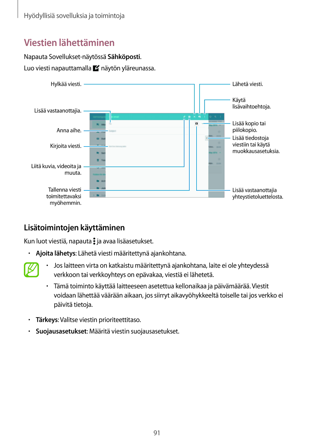 Samsung SM-T700NTSANEE, SM-T800NHAANEE, SM-T700NZWANEE, SM-T800NLSANEE Viestien lähettäminen, Lisätoimintojen käyttäminen 