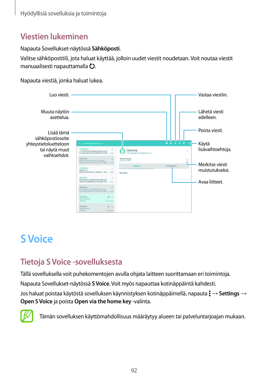 Samsung SM-T700NZWANEE, SM-T800NHAANEE, SM-T700NTSANEE manual Viestien lukeminen, Tietoja S Voice -sovelluksesta 