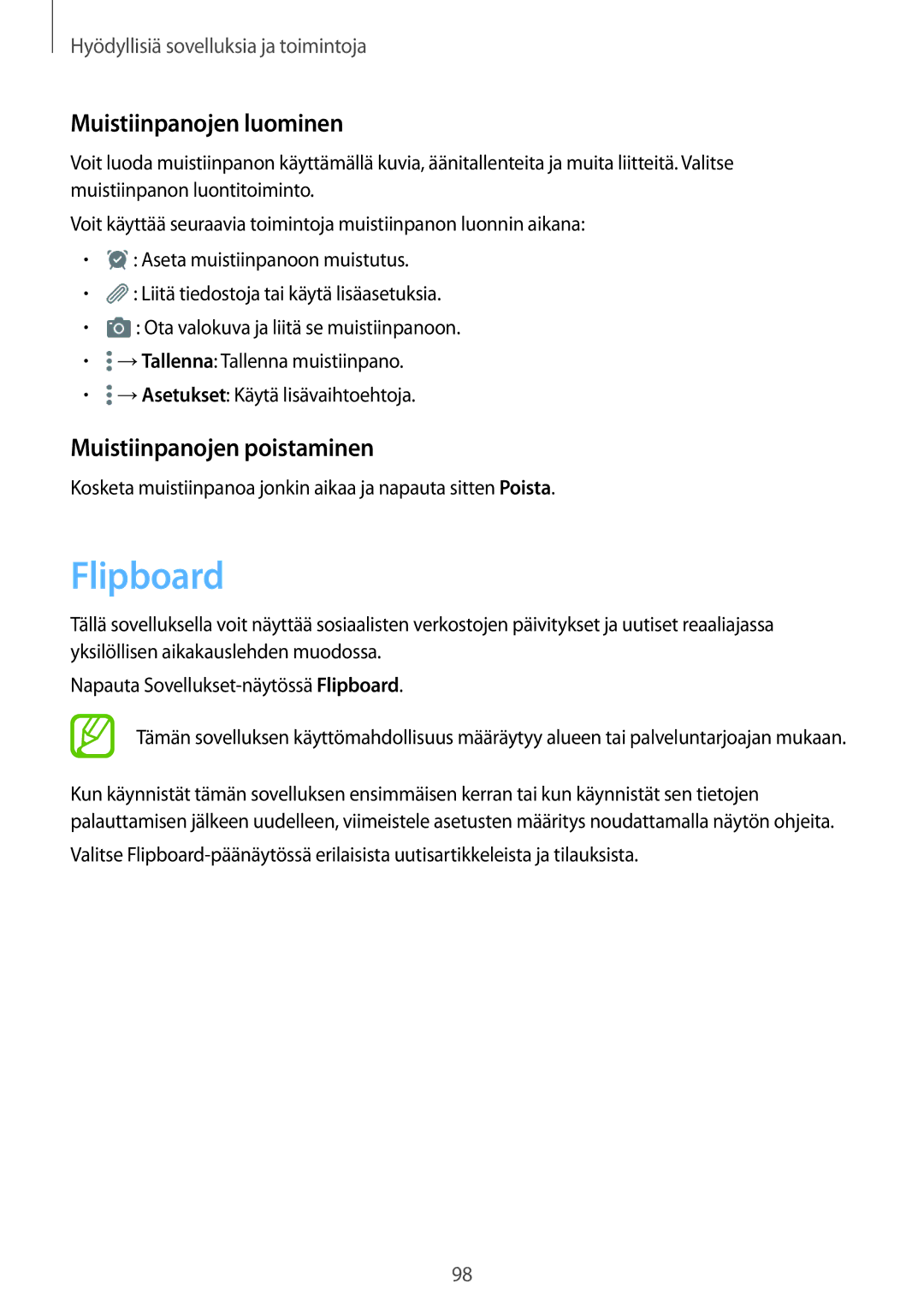 Samsung SM-T800NTSANEE, SM-T800NHAANEE, SM-T700NTSANEE Flipboard, Muistiinpanojen luominen, Muistiinpanojen poistaminen 