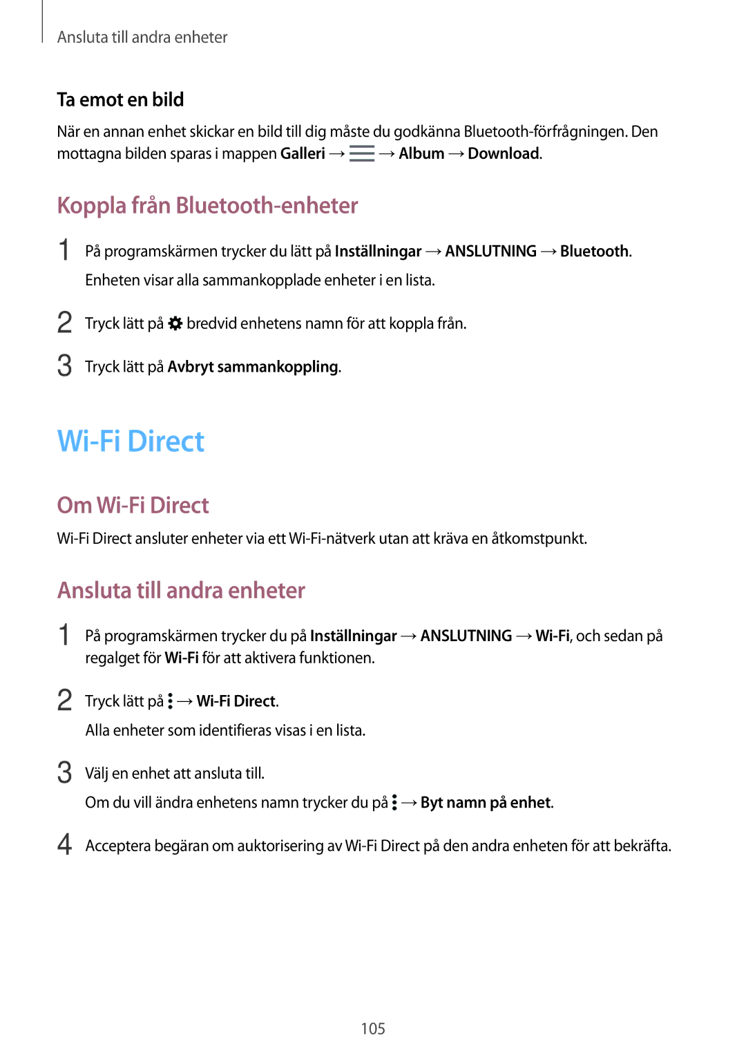 Samsung SM-T800NHAANEE Koppla från Bluetooth-enheter, Om Wi-Fi Direct, Ansluta till andra enheter, Ta emot en bild 