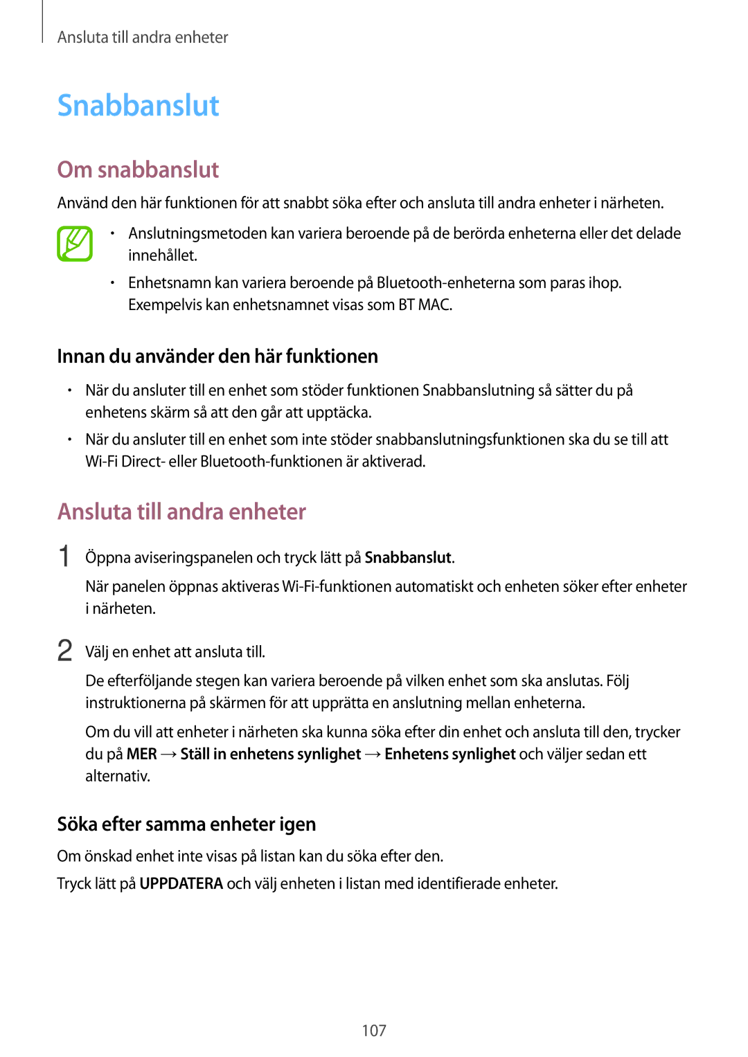 Samsung SM-T800NZWANEE Snabbanslut, Om snabbanslut, Innan du använder den här funktionen, Söka efter samma enheter igen 