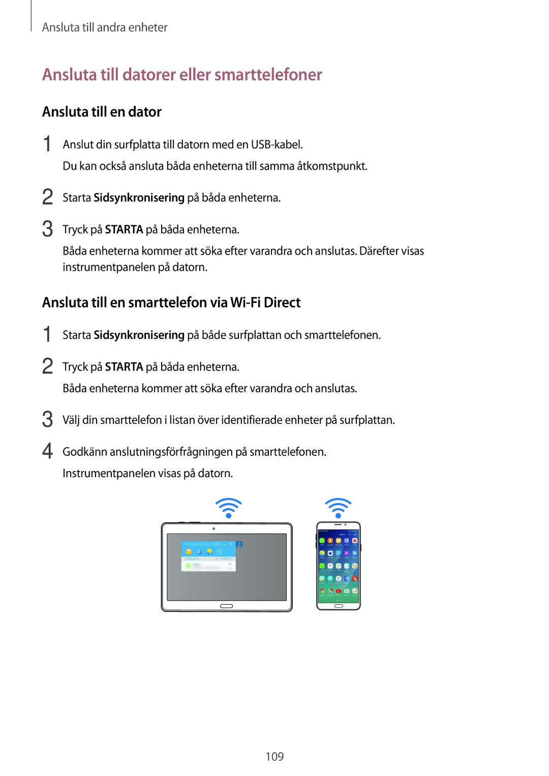 Samsung SM-T800NTSANEE, SM-T800NHAANEE, SM-T800NLSANEE Ansluta till datorer eller smarttelefoner, Ansluta till en dator 