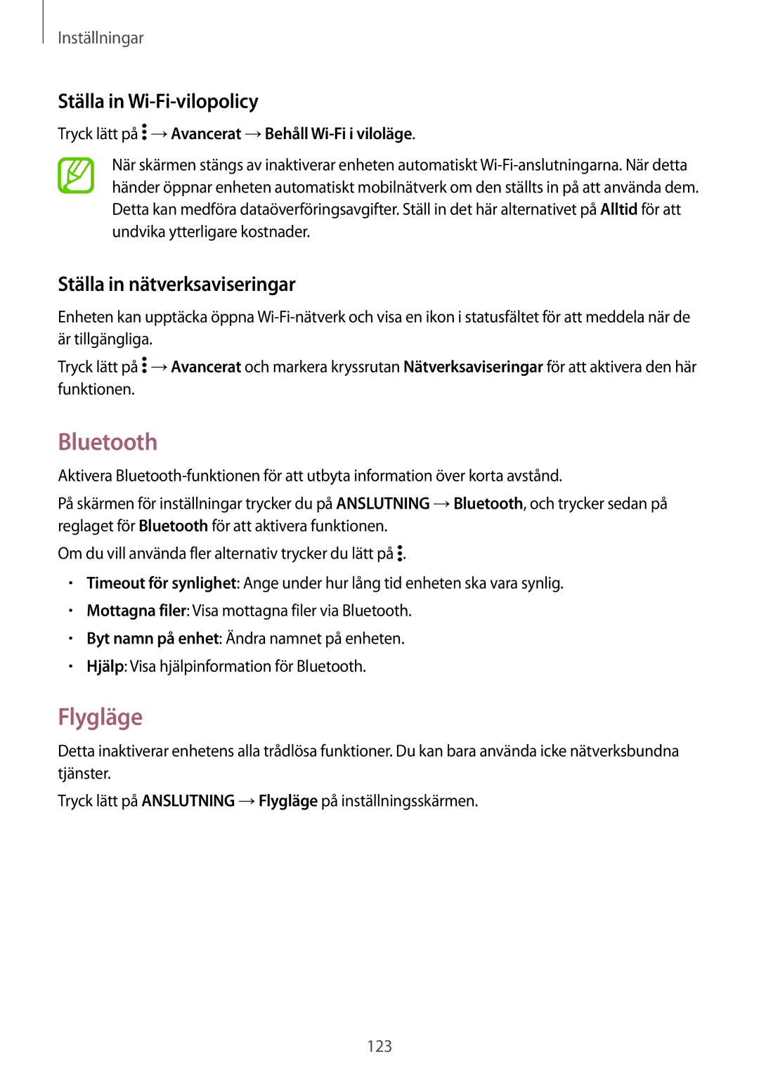 Samsung SM-T800NTSENEE, SM-T800NHAANEE manual Bluetooth, Flygläge, Ställa in Wi-Fi-vilopolicy, Ställa in nätverksaviseringar 