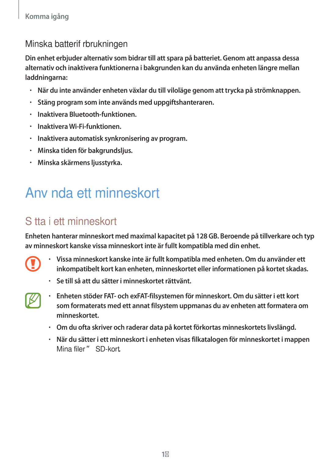 Samsung SM-T800NTSENEE, SM-T800NHAANEE manual Använda ett minneskort, Sätta i ett minneskort, Minska batteriförbrukningen 