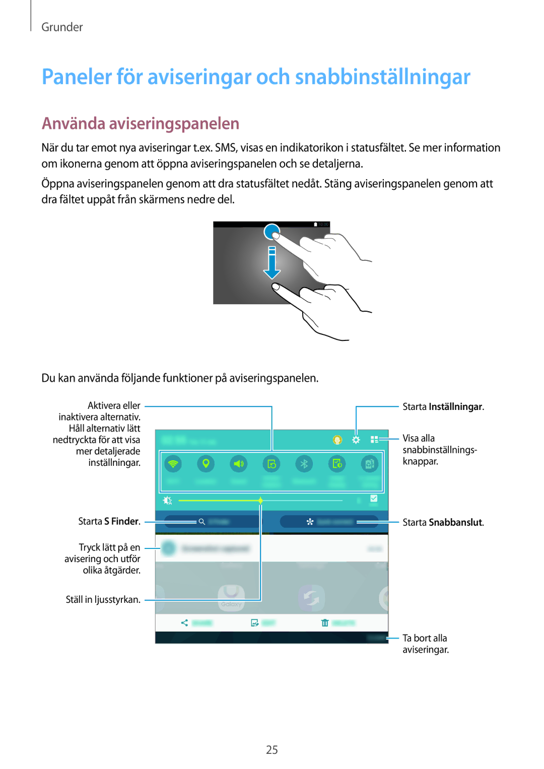 Samsung SM-T800NHAANEE, SM-T800NLSANEE manual Paneler för aviseringar och snabbinställningar, Använda aviseringspanelen 