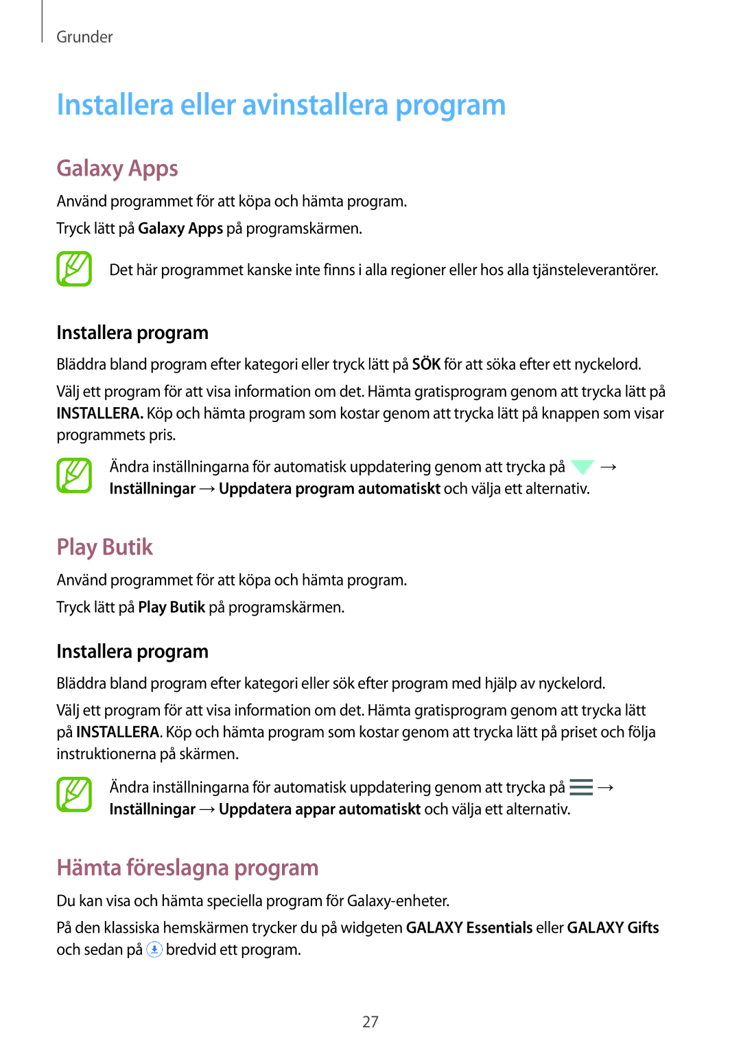 Samsung SM-T800NZWANEE manual Installera eller avinstallera program, Galaxy Apps, Play Butik, Hämta föreslagna program 