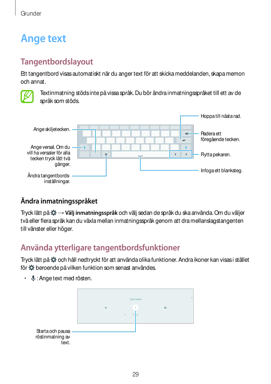 Samsung SM-T800NTSANEE Ange text, Tangentbordslayout, Använda ytterligare tangentbordsfunktioner, Ändra inmatningsspråket 