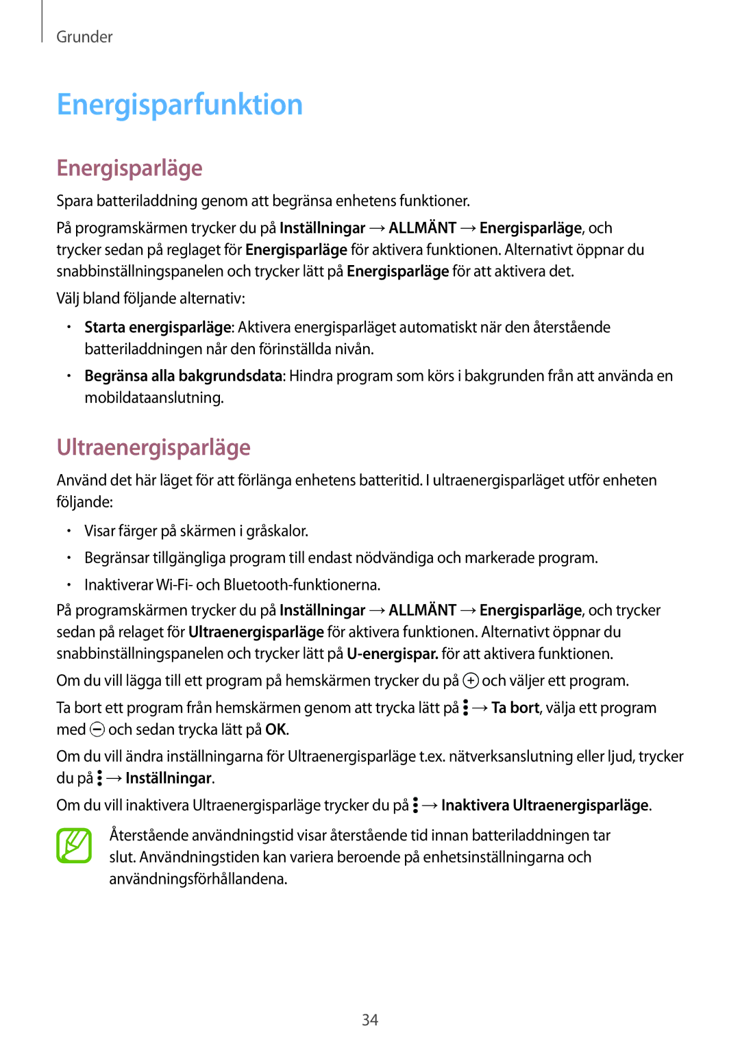 Samsung SM-T800NTSANEE, SM-T800NHAANEE, SM-T800NLSANEE manual Energisparfunktion, Energisparläge, Ultraenergisparläge 