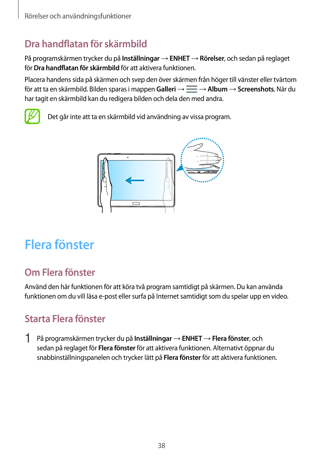 Samsung SM-T800NTSENEE, SM-T800NHAANEE manual Dra handflatan för skärmbild, Om Flera fönster, Starta Flera fönster 